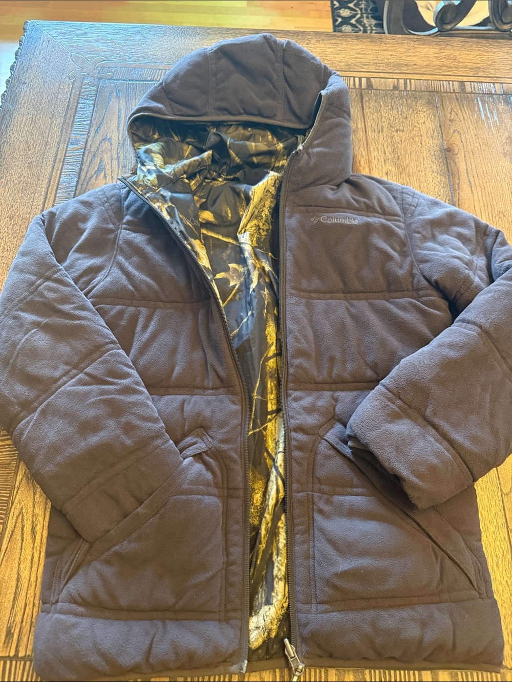 Columbia Youth Evergreen Ridge Brown Quilted Hooded Reversible Camo Jacket